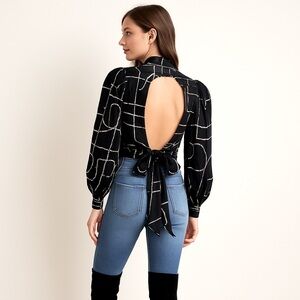 Good Soul Black White Abstract Open Back Tie Blouse High Neck size Medium